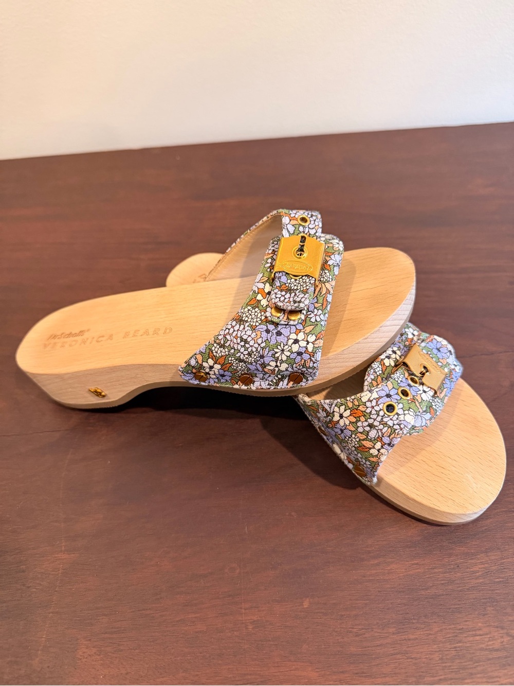 Veronica Beard Floral Buckle Wood-Platform Slide Sandals - Multicolor